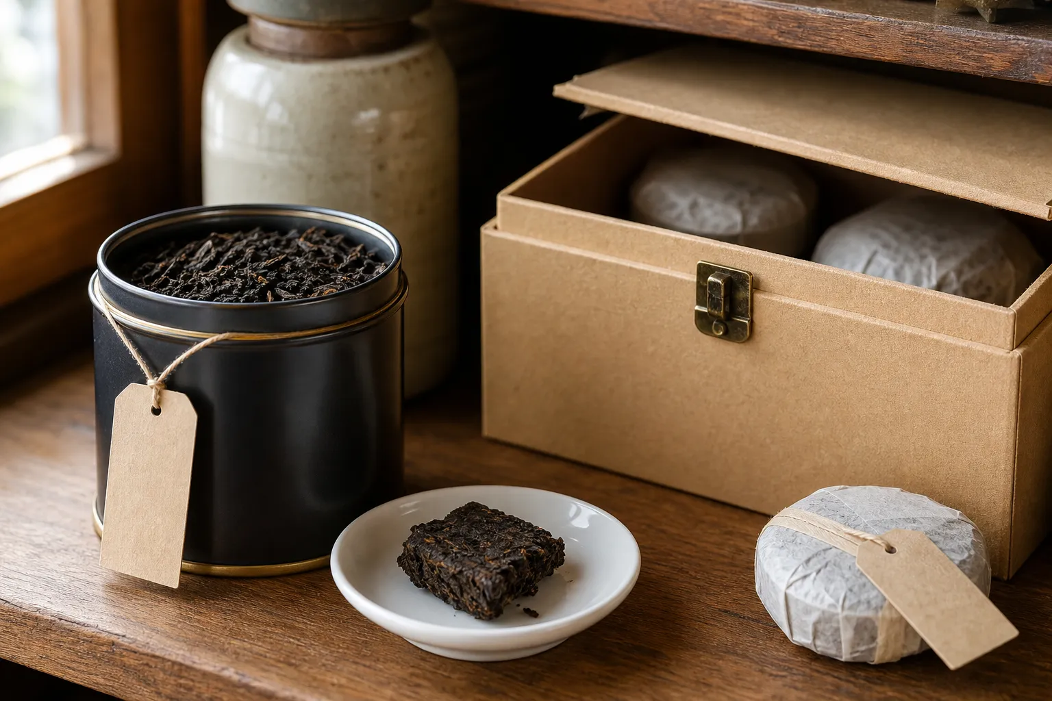 Loose dark tea and a compressed tea piece prepared for clean everyday storage