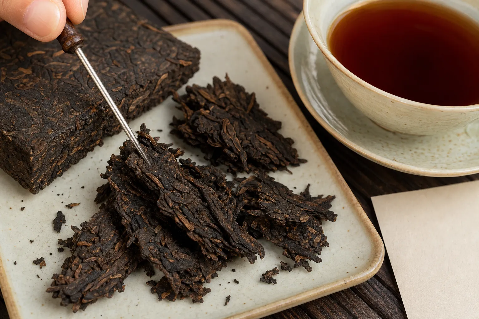 Thin flakes loosened from a dark tea brick with brewed liquor nearby, showing why shape affects early extraction.