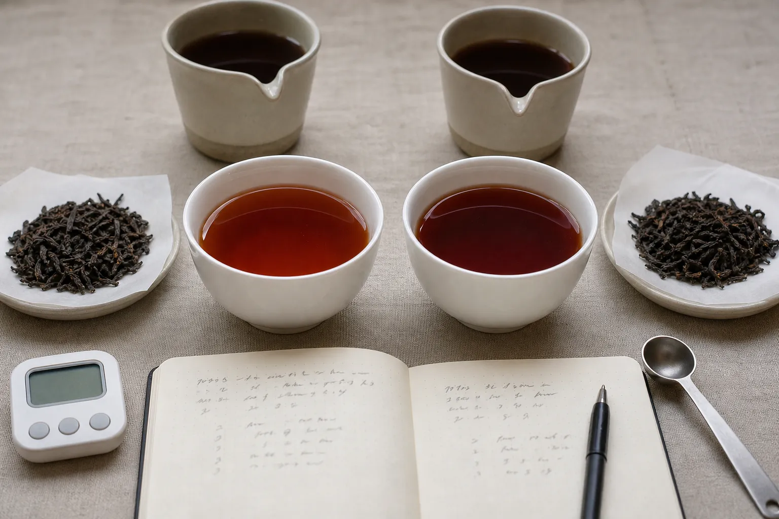Two dark tea cups compared under similar brewing and lighting conditions