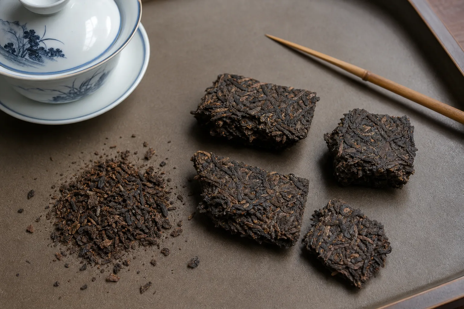 Broken ripe pu-erh fragments beside larger intact pieces to show how material size changes extraction and thickness