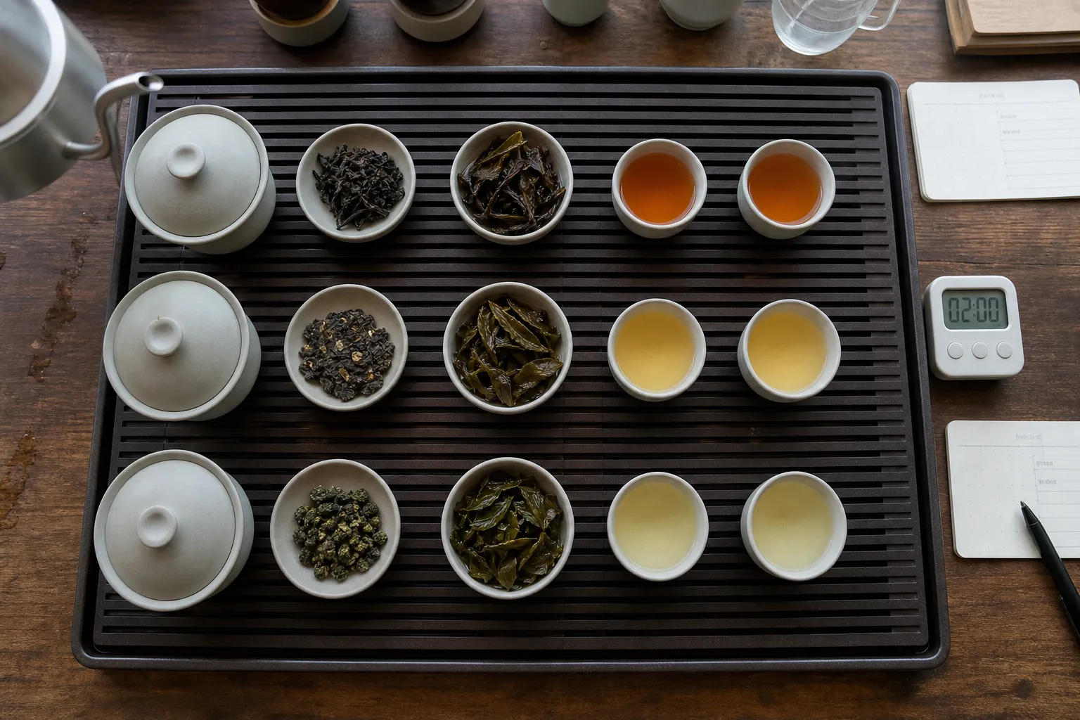 Short infusion comparison setup for young sheng, aged sheng, and ripe shou Pu-erh